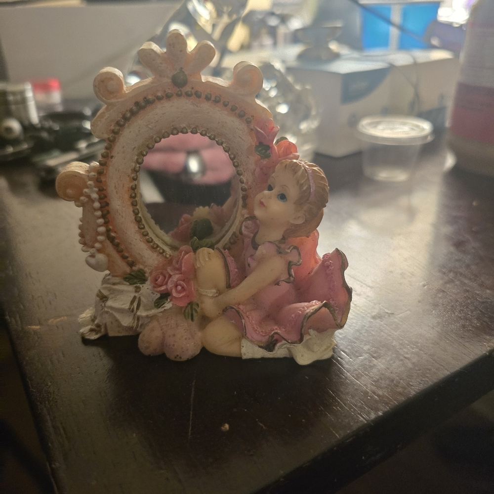 Pink and White Cherub Figurine Mirror